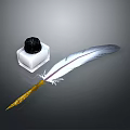 Vintage Quill Pen With White Feather Golden Nib And Inkwell Writing Set