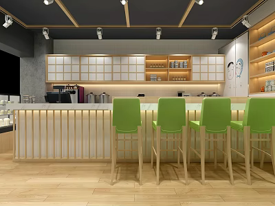Modern Milk Tea Shop Interior With Green Chairs And Wooden Bar Counter 3d model