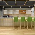 Modern Milk Tea Shop Interior With Green Chairs And Wooden Bar Counter