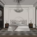 Elegant Bedroom Interior Design With Tufted Headboard Crystal Chandelier Paneled Walls Area Rug And Armchair