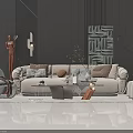 Modern Living Room Sofa and Coffee Table Set with Decorative Elements and Artwork 3d model