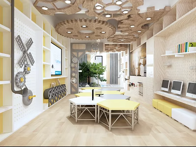 School Classroom With Yellow Tables Computers Gear Decorations And Green Plant Wooden Design Open Space 3d model