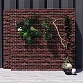 Bonsai and Potted Plants Hanging on Red Brick Wall with Decorative Vase