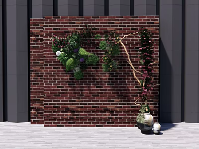 Bonsai and Potted Plants Hanging on Red Brick Wall with Decorative Vase 3d model