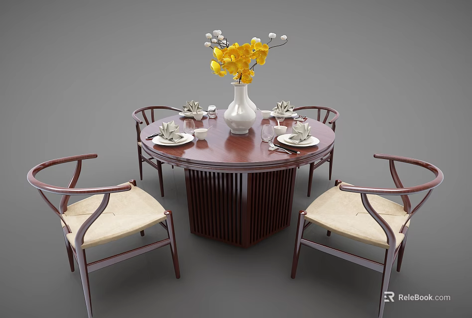 Wooden Round Dining Table Set with Chairs White Vase Yellow Flowers and Tableware 3d model 