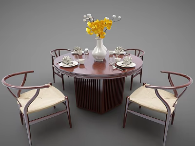 Wooden Round Dining Table Set with Chairs White Vase Yellow Flowers and Tableware 3d model