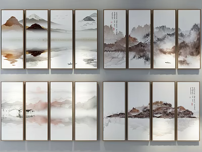 Traditional Chinese Ink Wash Landscape Paintings With Mountain Water Scenery On Multiple Wall Panels 3d model