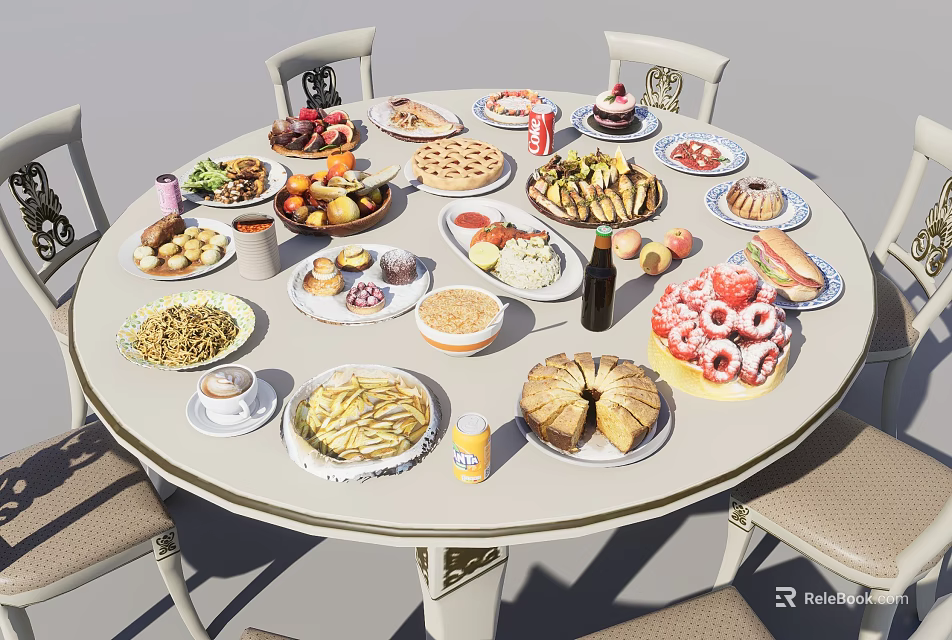 Round Dining Table With Assorted Food Dishes And Surrounding Dining Chairs 3d model 