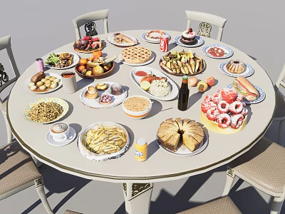 Round Dining Table With Assorted Food Dishes And Surrounding Dining Chairs 3d model
