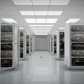 Industrial Equipment Featuring Server Racks Neatly Arranged In Bright Facility With Fire Safety Gear