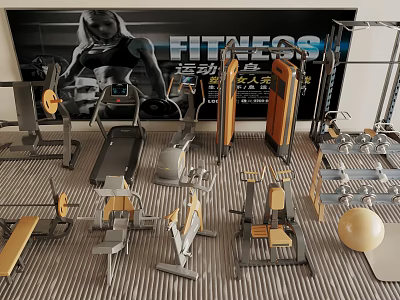 Variety Of Fitness Equipment Including Treadmill Dumbbells And Fitness Ball In Gym Setting 3d model