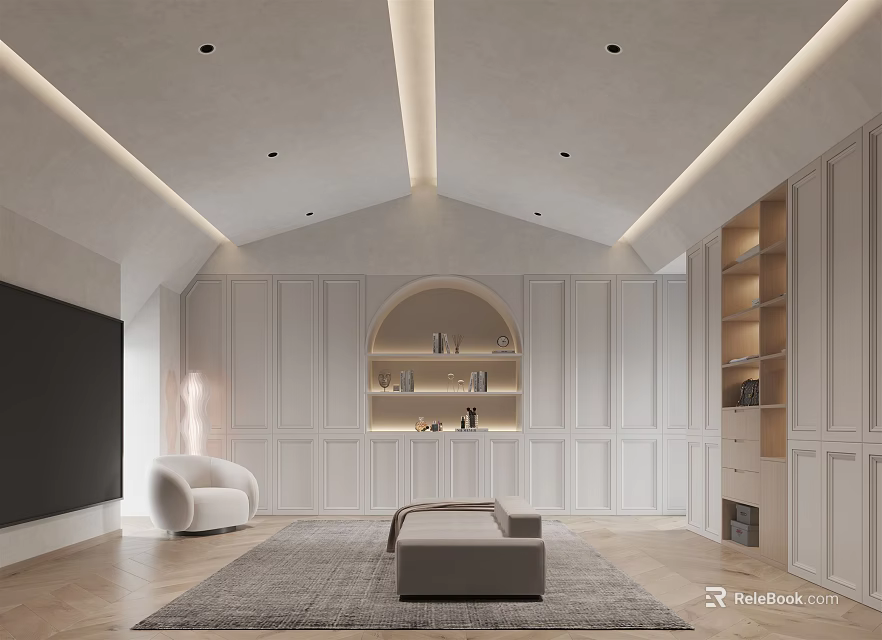 Modern Living Room With White Cabinets Recessed Lighting And Decorative Display Shelves 3d model 
