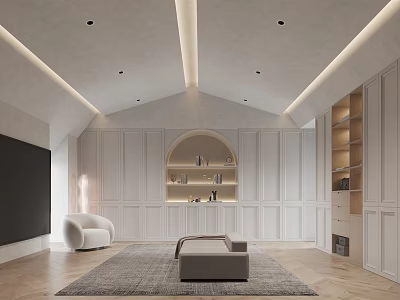 Modern Living Room With White Cabinets Recessed Lighting And Decorative Display Shelves 3d model