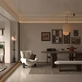 Warm Mid Century Living And Dining Room Interior With Wooden Furniture And Art Wall Decor