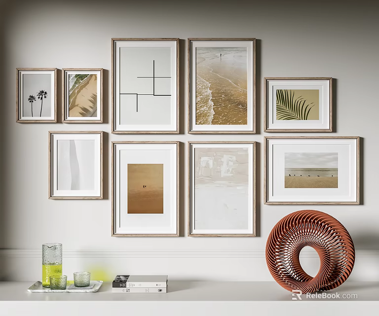 Gallery Wall With Framed Artworks And Circular Decor In Living Room 3d model 