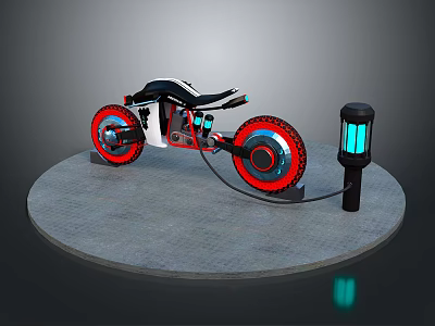 Electric Motorcycle with Red Wheels Black Seat Charging on Round Gray Platform with Blue Charger 3d model