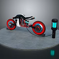 Electric Motorcycle with Red Wheels Black Seat Charging on Round Gray Platform with Blue Charger