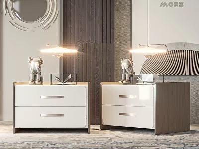 Two Modern White Wooden Nightstands With Drawers Table Lamps And Decorative Items 3d model
