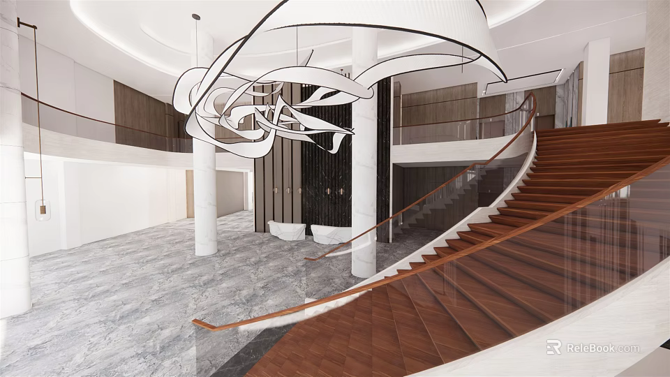 Modern Hotel Lobby Interior Design With Stylish Chandelier And Wooden Staircase 3d model 