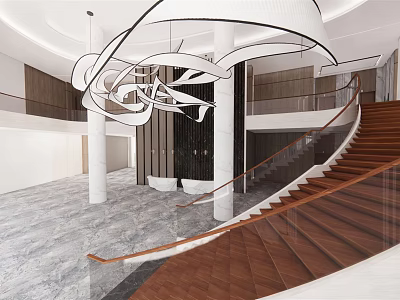 Modern Hotel Lobby Interior Design With Stylish Chandelier And Wooden Staircase 3d model