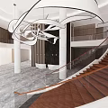 Modern Hotel Lobby Interior Design With Stylish Chandelier And Wooden Staircase