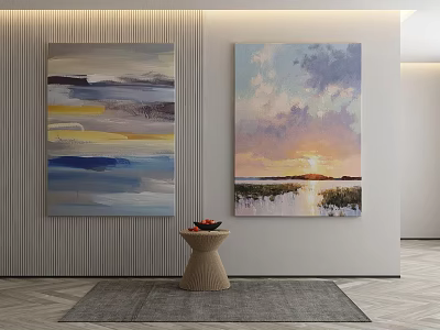 Two Wall Paintings Abstract And Landscape In Modern Interior With Small Table And Rug 3d model