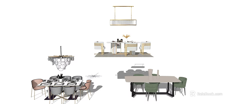 Modern Dining Table Set Interior Design With Chandelier And Colored Chairs 3d model