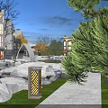 Modern Garden Landscape With Lush Greenery Illuminated Lanterns Rock Formations And Water Feature