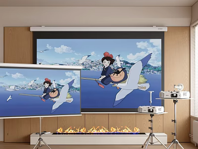 Projection Monitoring Setup with Dual Screens Showing Animated Girl Riding Seagull Blue Sky Sea Background 3d model
