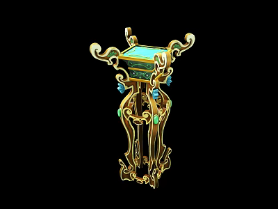 Traditional Decorative Flower Stand With Golden Frame Green Top And Intricate Carvings 3d model