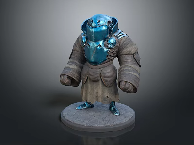 Armored Humanoid Creature With Blue Armor And Brown Robe In Standing Pose On Pedestal 3d model