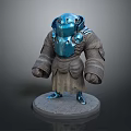 Armored Humanoid Creature With Blue Armor And Brown Robe In Standing Pose On Pedestal