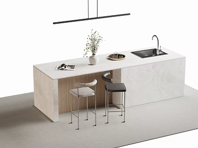Modern Bar Counter With Marble Top Sink Plant Magazines Hanging Light And Two Stools 3d model