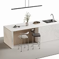 Modern Bar Counter With Marble Top Sink Plant Magazines Hanging Light And Two Stools