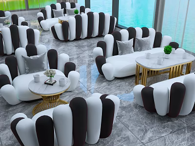 Modern Public Chairs Black And White Design With Round Tables Green Plants And Water View 3d model