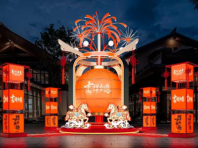 Traditional Chinese Art Installation With Orange Drum Firework Decor Red Lanterns And Decorative Horses 3d model