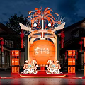 Traditional Chinese Art Installation With Orange Drum Firework Decor Red Lanterns And Decorative Horses