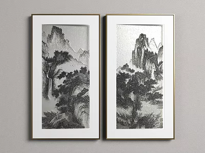 Traditional Chinese Black and White Landscape Wall Art with Gold Framed Two Panel 3d model