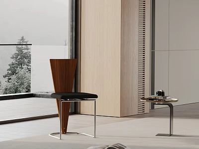 Modern Dining Chair with Wooden Backrest Black Seat and Metal Frame in Minimalist Interior 3d model