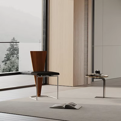 Modern Dining Chair with Wooden Backrest Black Seat and Metal Frame in Minimalist Interior 3d model