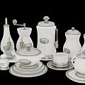 Modern White Ceramic Tableware Set With Jars Pots Cruet And Metallic Trays 3d model