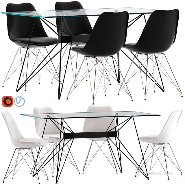 Modern Table and Chair Set with Glass Top Black White Chairs and Metal Legs 3d model 