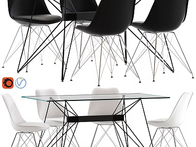 Modern Table and Chair Set with Glass Top Black White Chairs and Metal Legs 3d model