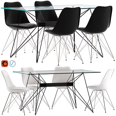 Modern Table and Chair Set with Glass Top Black White Chairs and Metal Legs 3d model