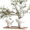 Two Decorative White Mushroom Shaped Vases With Fresh Green Leaf Branches 3d model