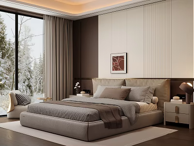 Modern Bedroom Interior With Large Bed Gray Bedding Nightstand Table Lamp And Snowy Window View 3d model