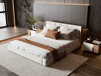 Modern Double Bed With Light Bedding Wooden Wall Nightstands Green Plant And Soft Rug 3d model
