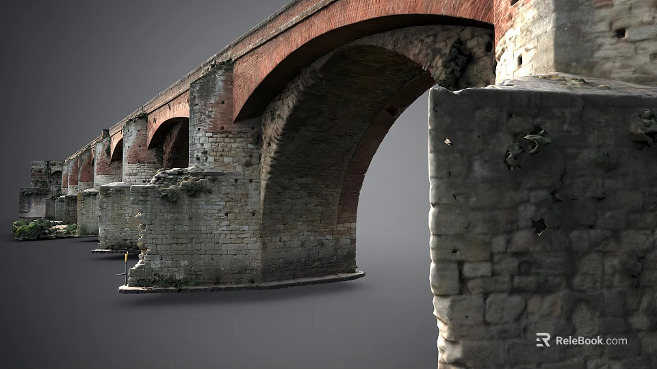 Ancient Stone Bridge With Red Brick Arches And Stone Masonry Piers 3d model 