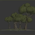 Lush Green Trees with Rounded Spherical Canopies on Circular Grass Base with Stones and Animals