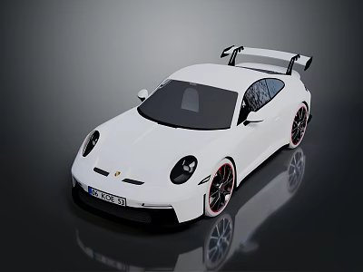 White Sports Car With Black Rear Wing Red Wheels And Sleek Design On Reflective Surface 3d model